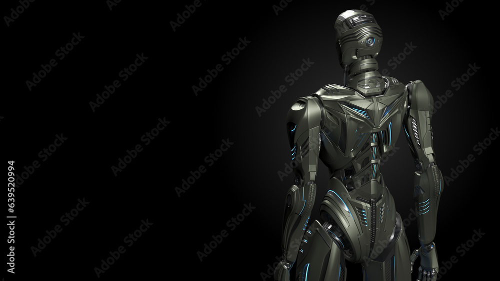 3d rendering of detailed futuristic robot or alien humanoid cyborg. Back view of the upper body with empty space for text. Isolated on dark background 3d rendering of detailed futuristic robot or alien humanoid cyborg. Back view of the upper body with empty space for text. Isolated on dark background