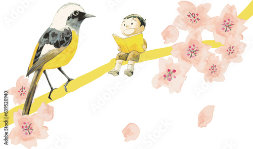 桜の花と小鳥と一緒に本を読む男の子