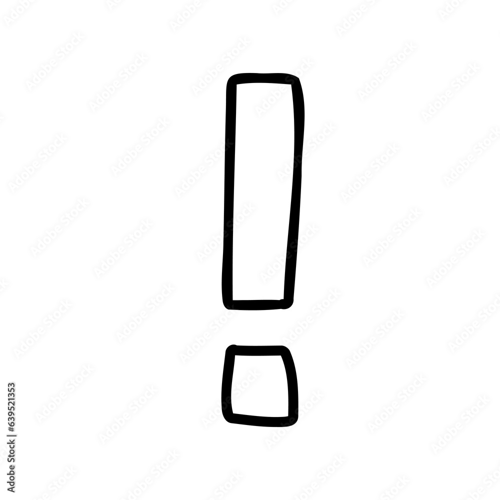Symbol exclamation mark cartoon outline in outline childlike style isolated on white background. For typography, font, lettering, logo, alphabet, signboard, education, branding, presentation.