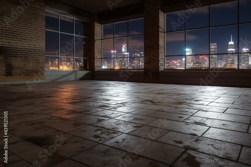 Nighttime view of a contemporary urban skyline against an empty brick floor. Generative AI