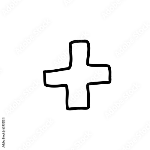 Math symbol plus cartoon outline in outline childlike style isolated on white background. For typography, font, lettering, logo, alphabet, signboard, education, branding, presentation.