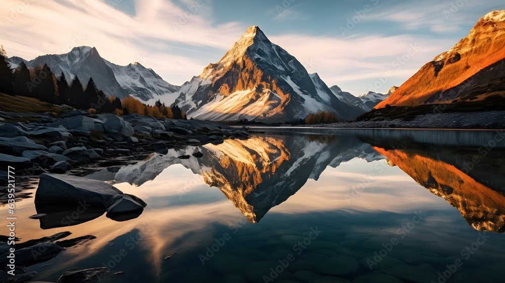 Sunset at a calm mountain lake in Austria with mirror-like reflection, AI Generative
