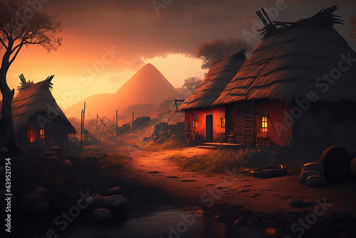 Ancient village with old houses at sunset light, illustration generative AI