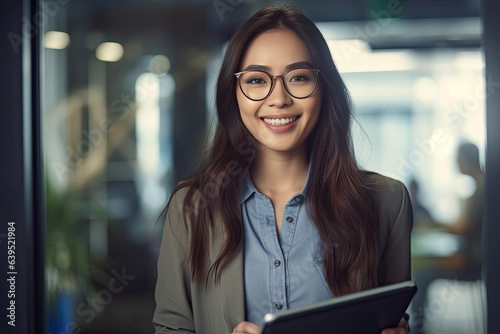 Asian young woman, company worker in glasses, smiling and holding digital tablet standing in creative office. Generative Ai