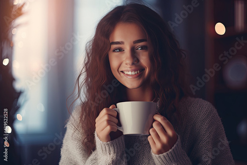 joyful young woman enjoying a cup of coffee at home. Generative Ai