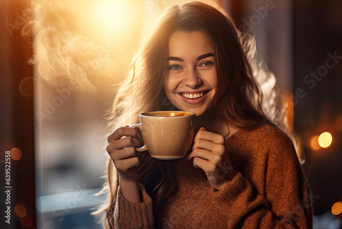 joyful young woman enjoying a cup of coffee at home. Generative Ai