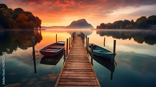 sunset over a pier on with boats on a lake, Generative AI photo