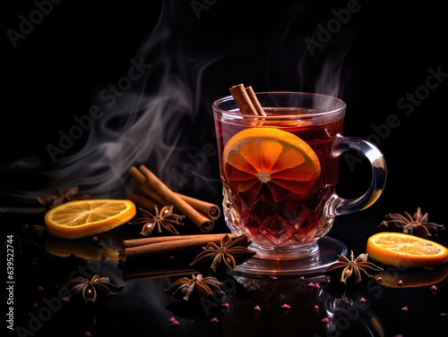 Glass of aromatic spiced mulled wine on a deep black background, steam curling upwards, encircled by star anise and cinnamon sticks, softly lit from above.