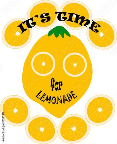 Lemon character - making lemonade - lettering. Lemon with slices. Vector illustration isolated