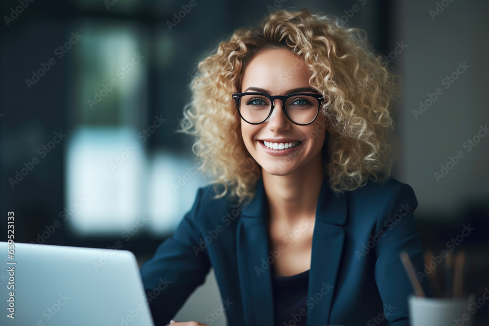 Happy business lady using laptop smiling wearing glasses working sitting at workplace in modern office. Generative Ai Happy business lady using laptop smiling wearing glasses working sitting at workplace in modern office. Generative Ai