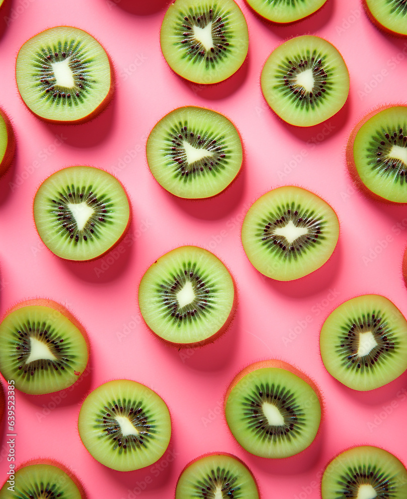 Kiwi colorful pattern on a pastel pink background. Summer concept. Flat lay. Kiwi colorful pattern on a pastel pink background. Summer concept. Flat lay.