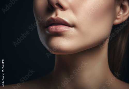 close up of woman neck face and shoulder natural beauty skin concept. Studio portrait of shirtless beautiful woman and perfect skin. Generative ai