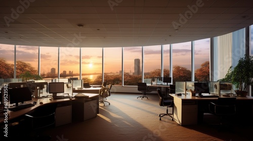 Business people silhouettes in modern office at sunset