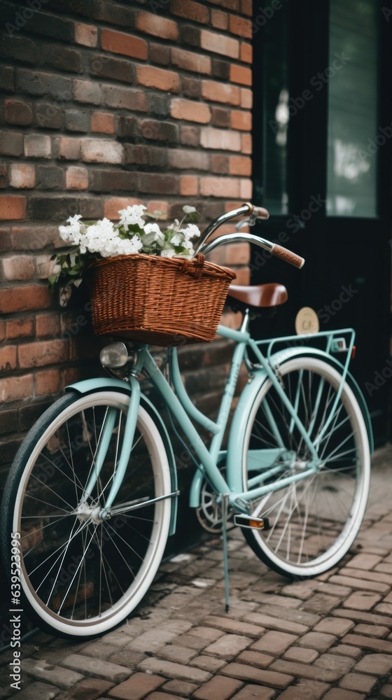A blue bicycle with foower basket parked against a brick wall.