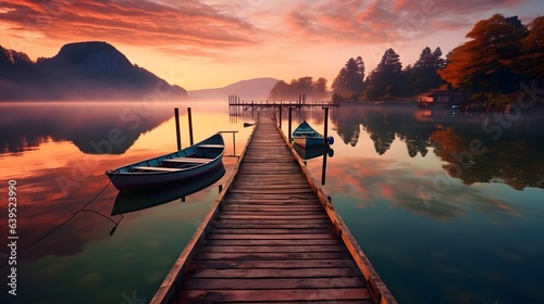 sunset over a pier on with boats on a lake, Generative AI © Lucky Ai