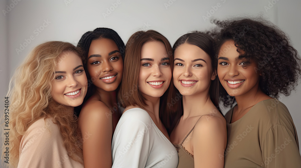 Portrait of young multiracial women standing together and smiling at camera isolated over white background. Generative Ai - obrazy, fototapety, plakaty 
