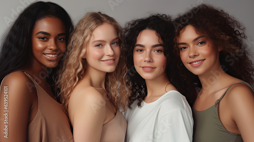 Portrait of young multiracial women standing together and smiling at camera isolated over white background. Generative Ai