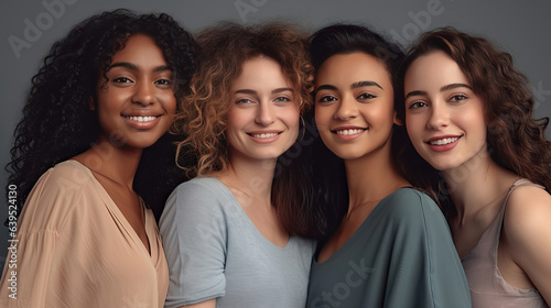 Portrait of young multiracial women standing together and smiling at camera isolated over white background. Generative Ai