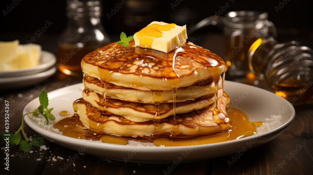 Pancakes with maple syrup and butter on a white dish
Pancakes with maple syrup and butter on a white dish