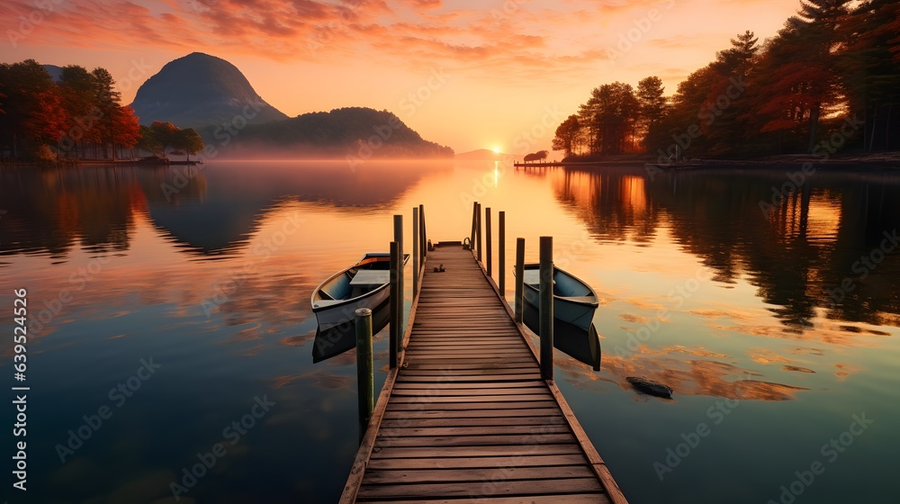 Fototapeta premium sunset over a pier on with boats on a lake, Generative AI