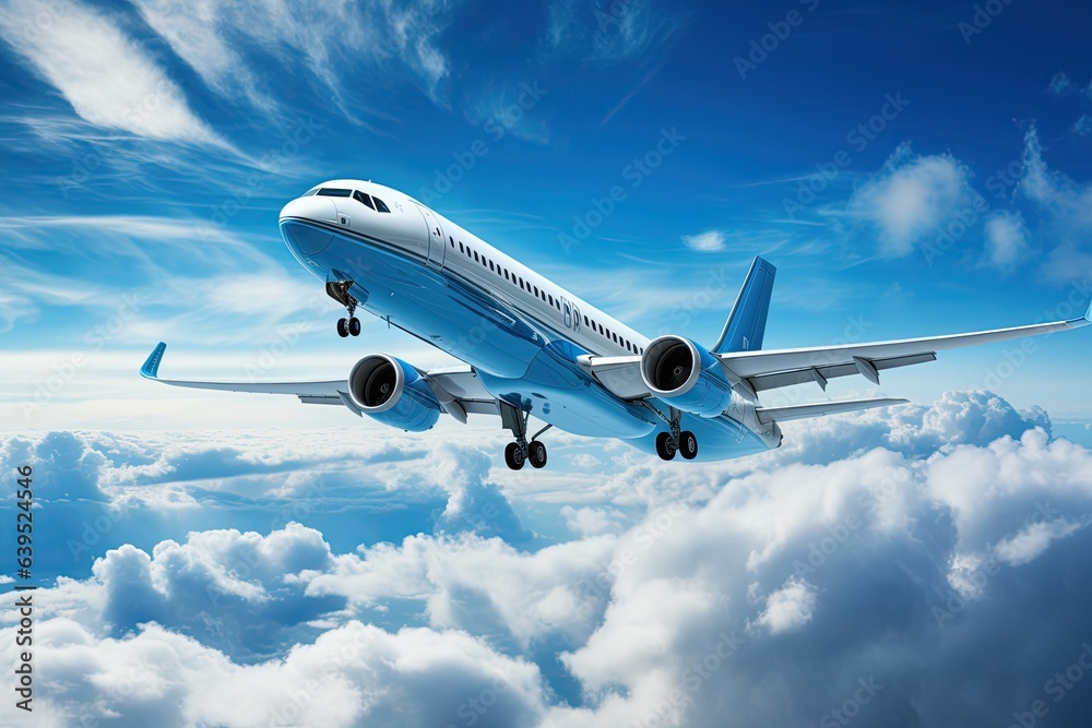 Obraz premium aircraft soaring through the sky. Show it in a majestic pose, wings outstretched against the backdrop of the blue sky and clouds. Generated with AI