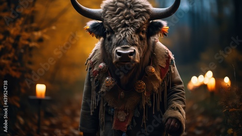 Halloween card. A Bison on a halloween background. a buffalow in haloween costume. Generative AI