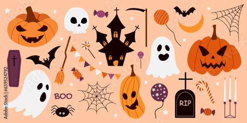 Vector set of Halloween elements: pumpkins, ghosts, castle, grave, coffin, broom, candy. Perfect for scrapbooking, greeting card, party invitation, poster, tag, stickers. Hand-drawn style. Fall theme.