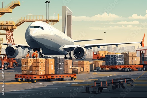 world of air cargo transportation. Depict a bustling airport tarmac with cargo planes of various sizes being loaded and unloaded.Generated with AI