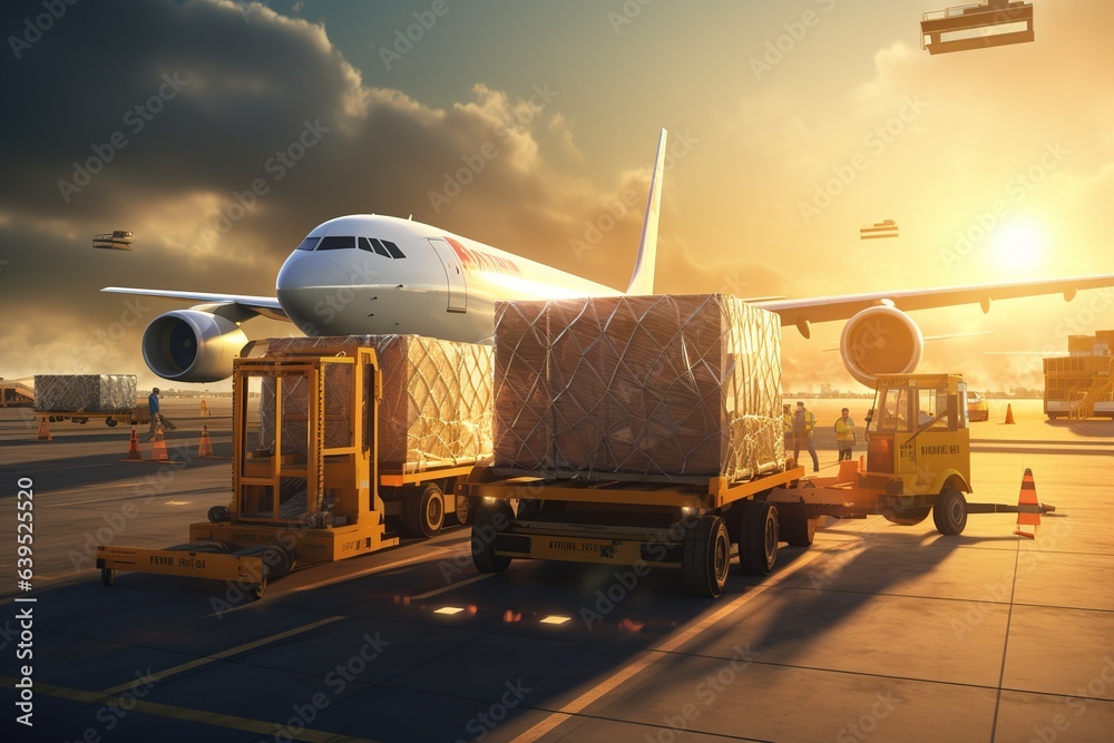 world of air cargo transportation. Depict a bustling airport tarmac with cargo planes of various sizes being loaded and unloaded.Generated with AI - obrazy, fototapety, plakaty 