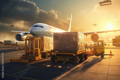 world of air cargo transportation. Depict a bustling airport tarmac with cargo planes of various sizes being loaded and unloaded.Generated with AI photo