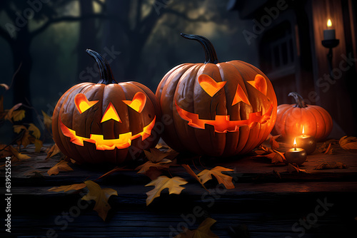 Scary Jack-O-Lanterns, Carved pumpkins for Halloween, Spooky Pumpkin Wallpaper background. AI generated content