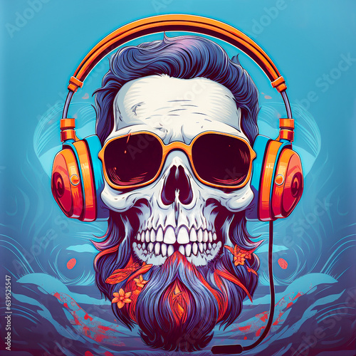 Skull in headphones listening to music on blue background. selective focus. 