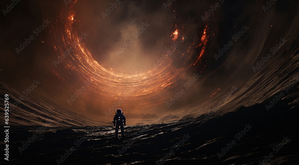 Sci-fi Astronaut Standing on a Rocky Surface with a Fiery Vortex - AI Generated