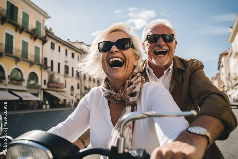 Naklejka premium Happy senior couple having fun! Riding motor bike scooter across the town and waving! Retirement adventure life.
