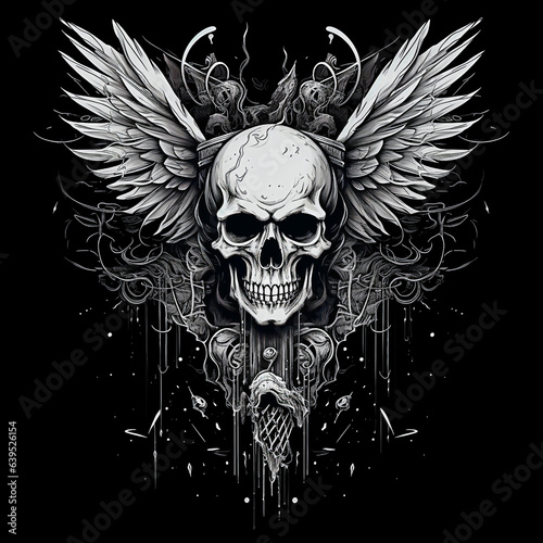 Gothic skull with wings and floral ornament on black background. selective focus. 