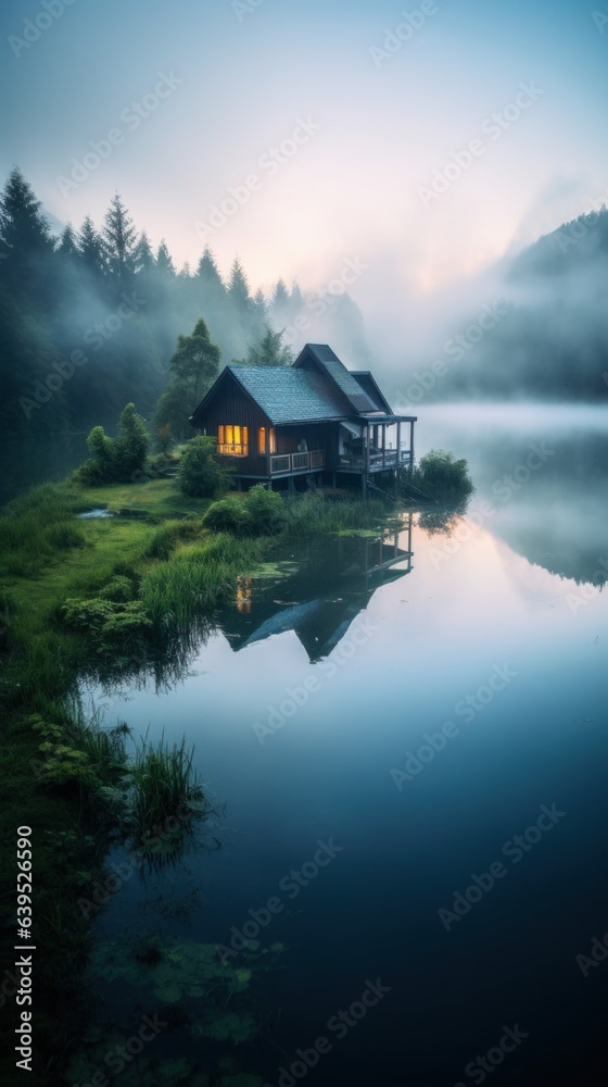 Fototapeta premium A cabin sits on a small island in the middle of a lake