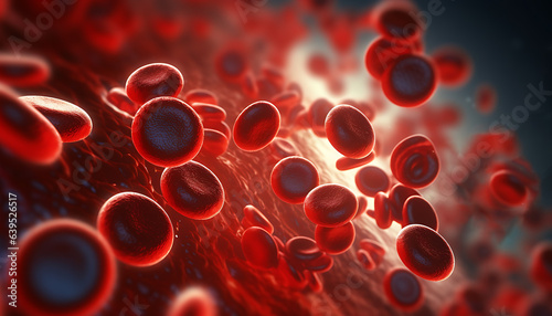 Red blood cells background with floating pathogen respiratory influenza virus cell. 3D medical illustration