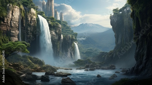 Witness a surreal waterfall cascading from a peak that marries the majestic beauty of nature with the precision of AI engineering | generative ai