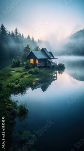 A cabin sits on a small island in the middle of a lake
