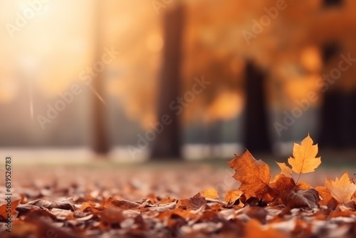 Orange maple leaves on the ground with a bokeh effect defocused background  Generative AI