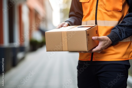 depicts a diligent parcel delivery worker. Show them with a uniform, carrying a stack of packages, Generated with AI © Chanwit
