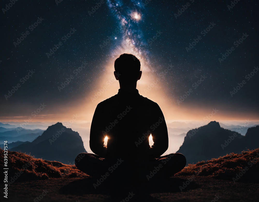 Silhouette of a person meditating under the stars. Concepts of wellness, health, spirituality and religion.