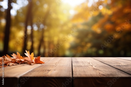 Autumn maple leaves on wooden table. Falling leaves natural background. Generative AI