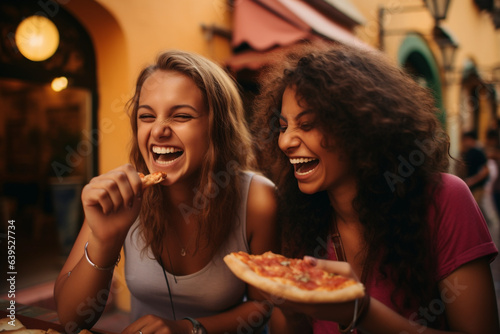 Young female friends eating pizza and smiling, sitting outside. Happy women enjoying street food in the city - Italian food culture Concept