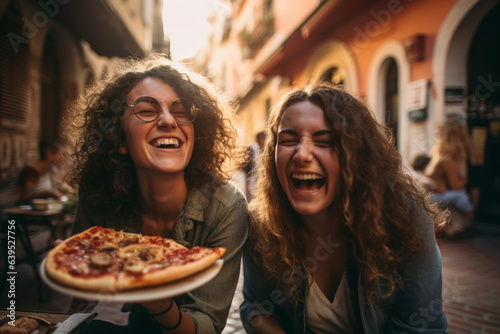 Young female friends eating pizza and smiling  sitting outside. Happy women enjoying street food in the city - Italian food culture Concept