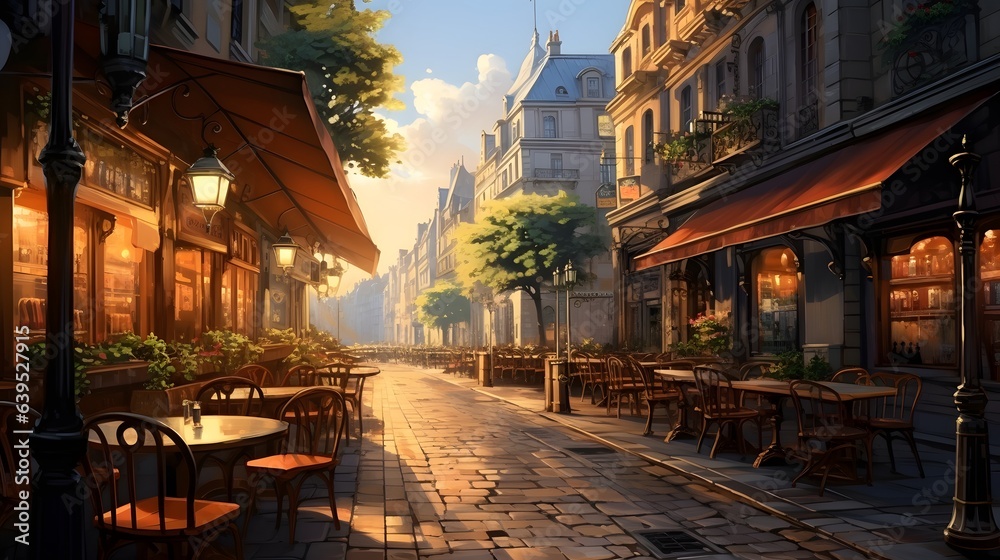 a painting of a city street with tables, chairs and lamps. generative ai