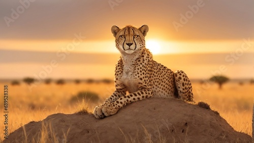 cheetah in the savannah sitting on rock with sunset behind