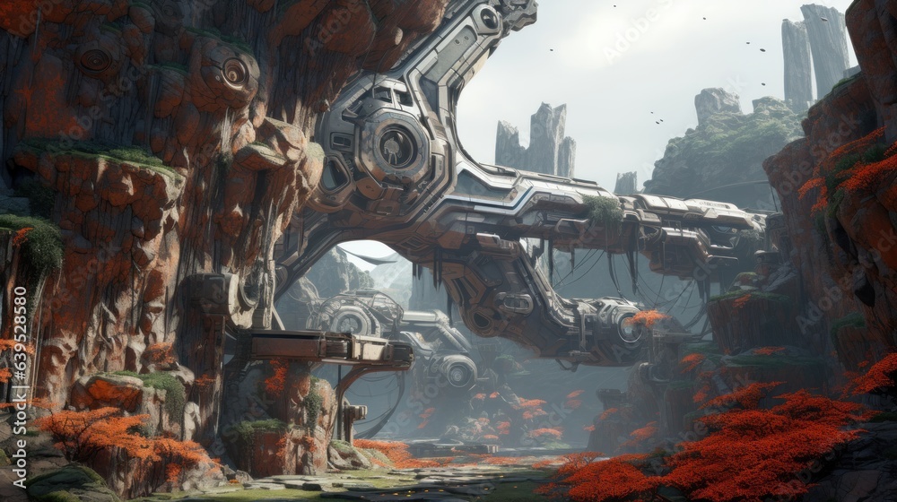 Geometric rock formations and cybernetic flora coalesce in an AI-designed landscape, invoking awe at the synergy of nature-inspired machinery | generative ai Geometric rock formations and cybernetic flora coalesce in an AI-designed landscape, invoking awe at the synergy of nature-inspired machinery | generative ai