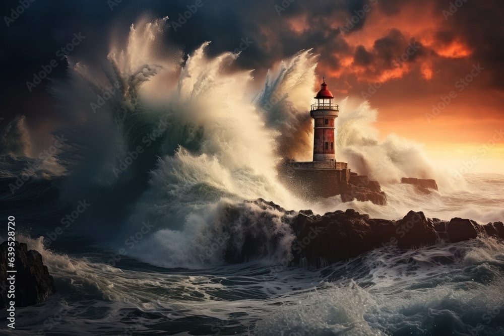 Terrifying huge Storm waves hitting light house at night, Generative AI