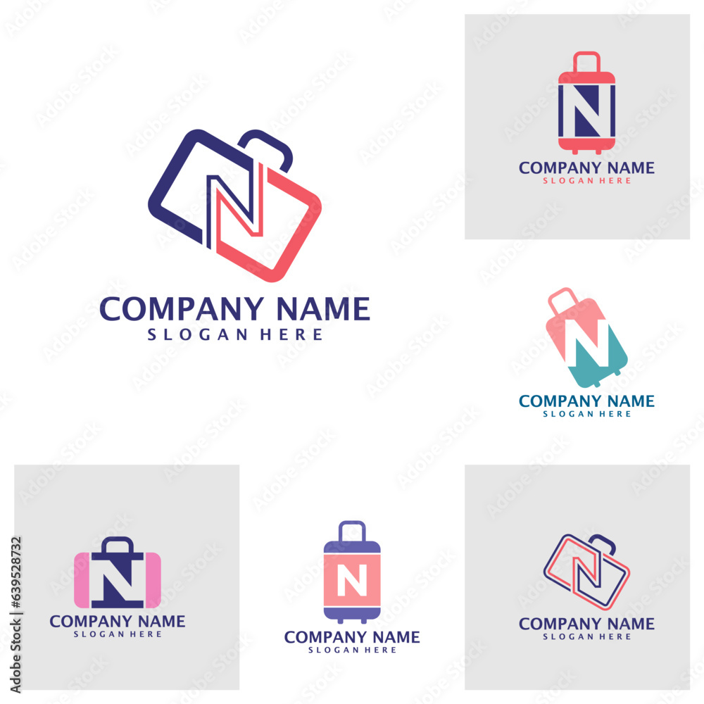 Set of Letter N with Suitcase logo design vector. Initial N with Suitcase logo design template concept Set of Letter N with Suitcase logo design vector. Initial N with Suitcase logo design template concept